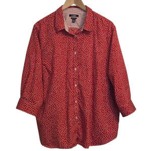 CHAPS Women’s 3X Plus Size Button Down Shirt Red White Polka Dot Blouse